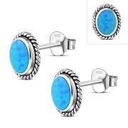 Oval Synthetic Azure Opal Silver Stud Earrings, e336